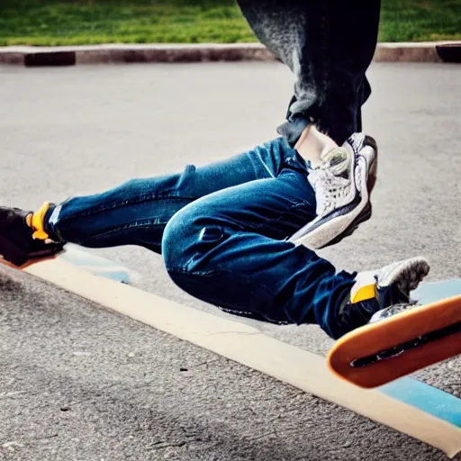 Prompt: obese man falling off of a skateboard, hyper realistic, sony 5 0 mm lens