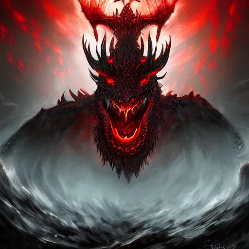 Image similar to digital art of a dragon in the style of archaon the everchosen, red glowing eye, highly detailed, dark colors, intricate, 8 k, artstation