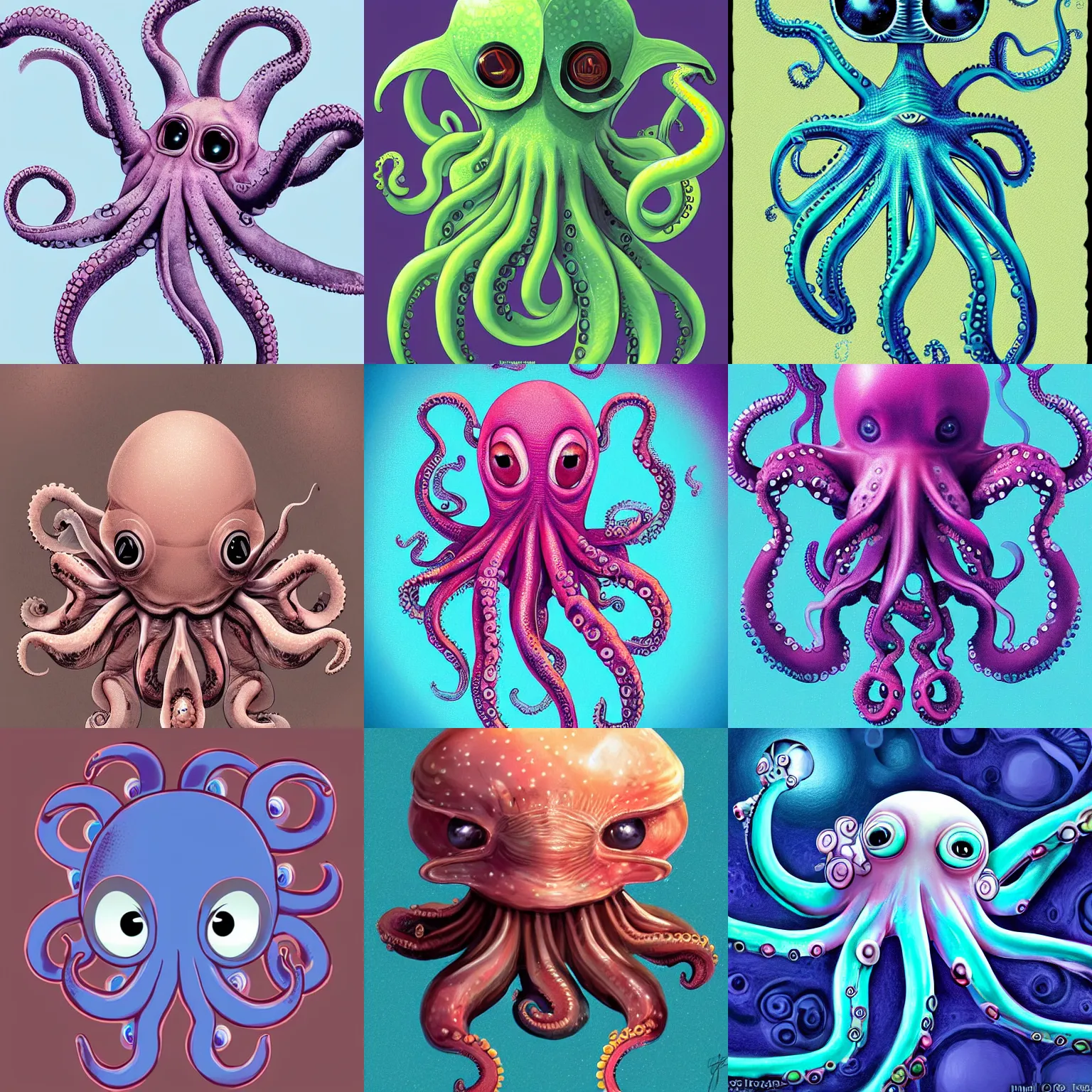 Prompt: a very cute alien baby octopus, digital art, hyper detailed