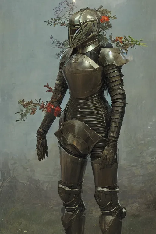 Prompt: full armored female knight errant in a high tech botanical world | solarpunk | artstation | hyperrealistic | high detail | Jules Joseph Lefebvre