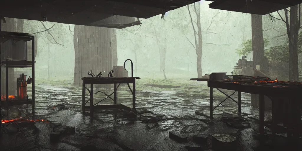 Image similar to blacksmith stall, cyberpunk, rain, in a forest, octane render