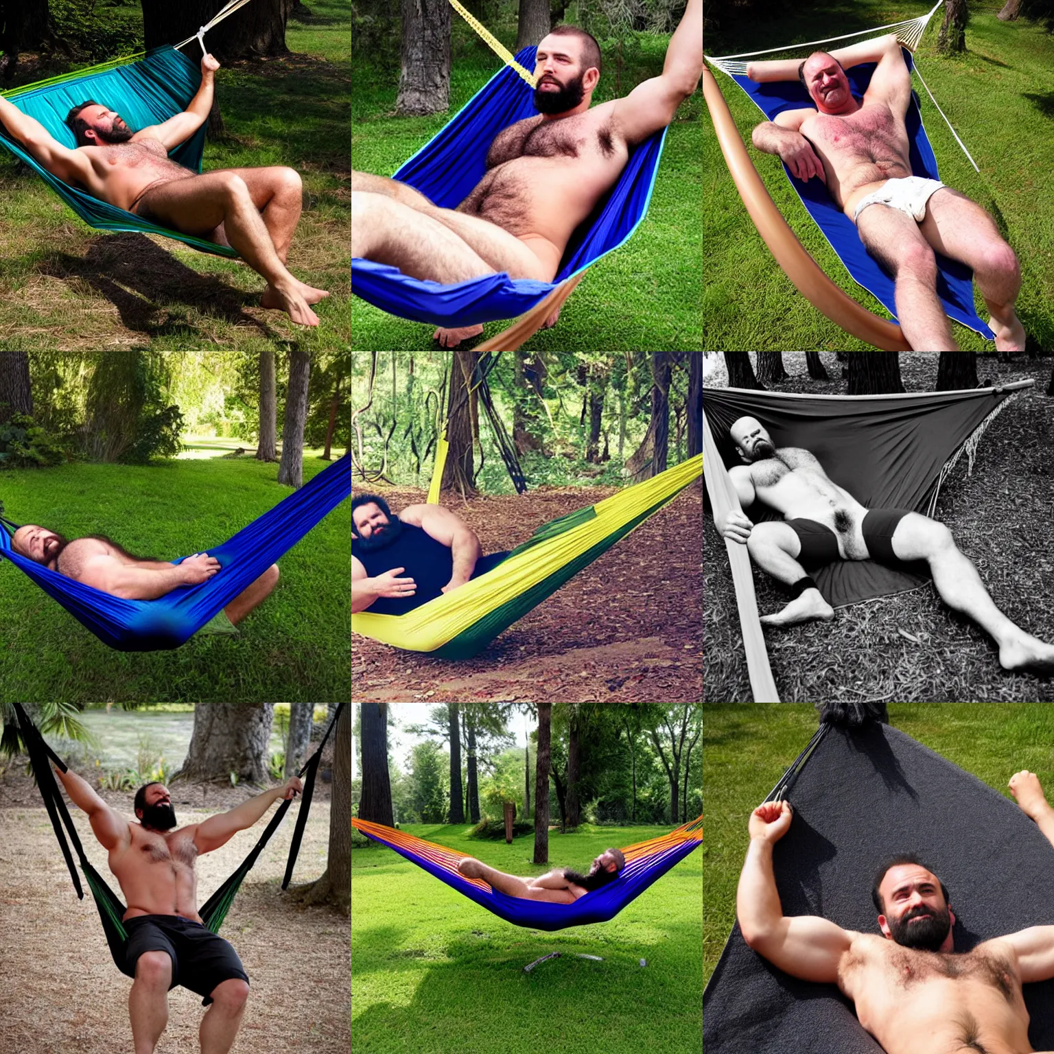 Prompt: hairy strongman laying down in a hammock.