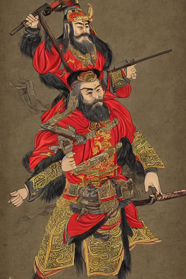 Prompt: a portrait of guan yu with a m 1 6 a 1, in the art style of han - era art, three kingdoms artsyle, artistic, highly detailed 4 k