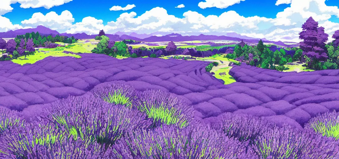 Prompt: ”Epic landscape, purple fields of lavender with a dark forest in the background, in the middle is a blue lake and blue river, bright summer day. Trending on art station, by studio Ghibli”