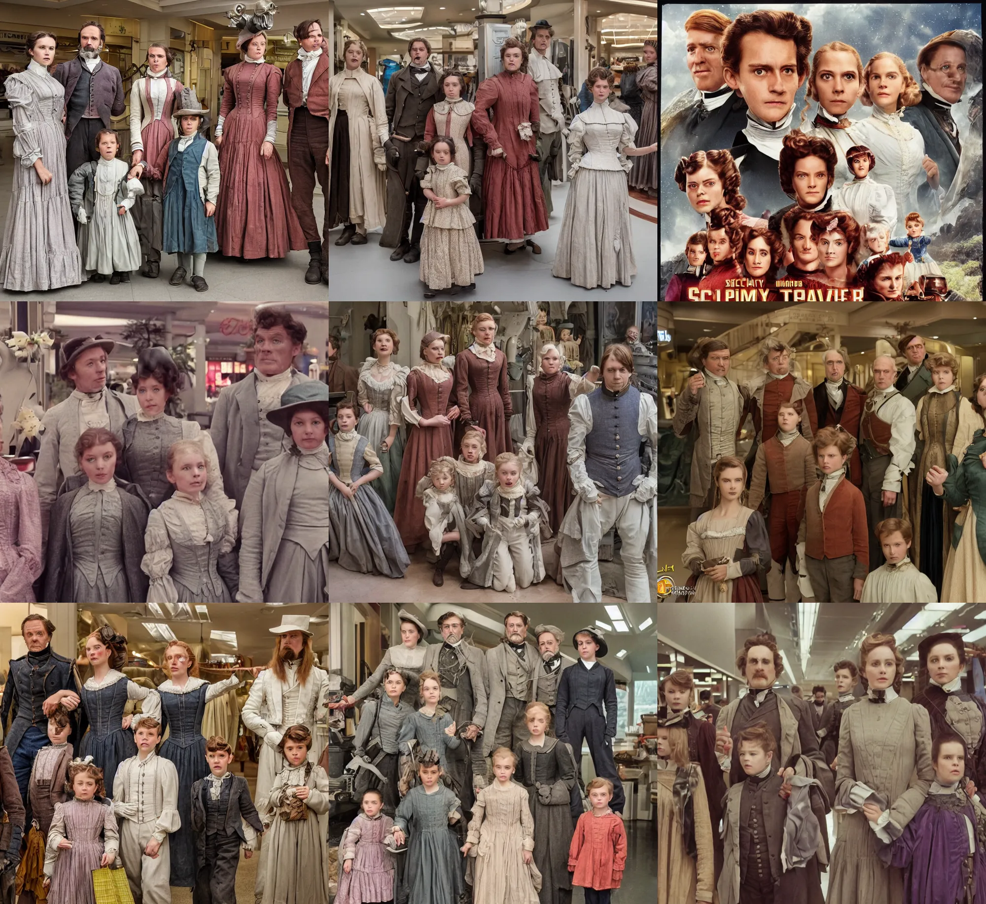 Prompt: sharp, highly detailed, high quality 65mm frame scan from a sci fi blockbuster color movie made in 2019, a family of four time travelers from 1860 travel in time to 2019, appearing in a shopping mall, looking surprised, the family are all wearing 1860s era clothes, good lighting, in focus, cinematic still, high quality scan, in focus, 35mm macro lens, detailed eyes, realistic faces and details, oscar winner, award winning lighting, award winning photography, ultra high definition