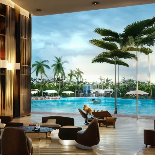 Image similar to realistic luxury hotel lobby interior in miami with pools in the background, corona render, detailed, symmetrical, minimal, clean, vegetation, herzog and de meuron