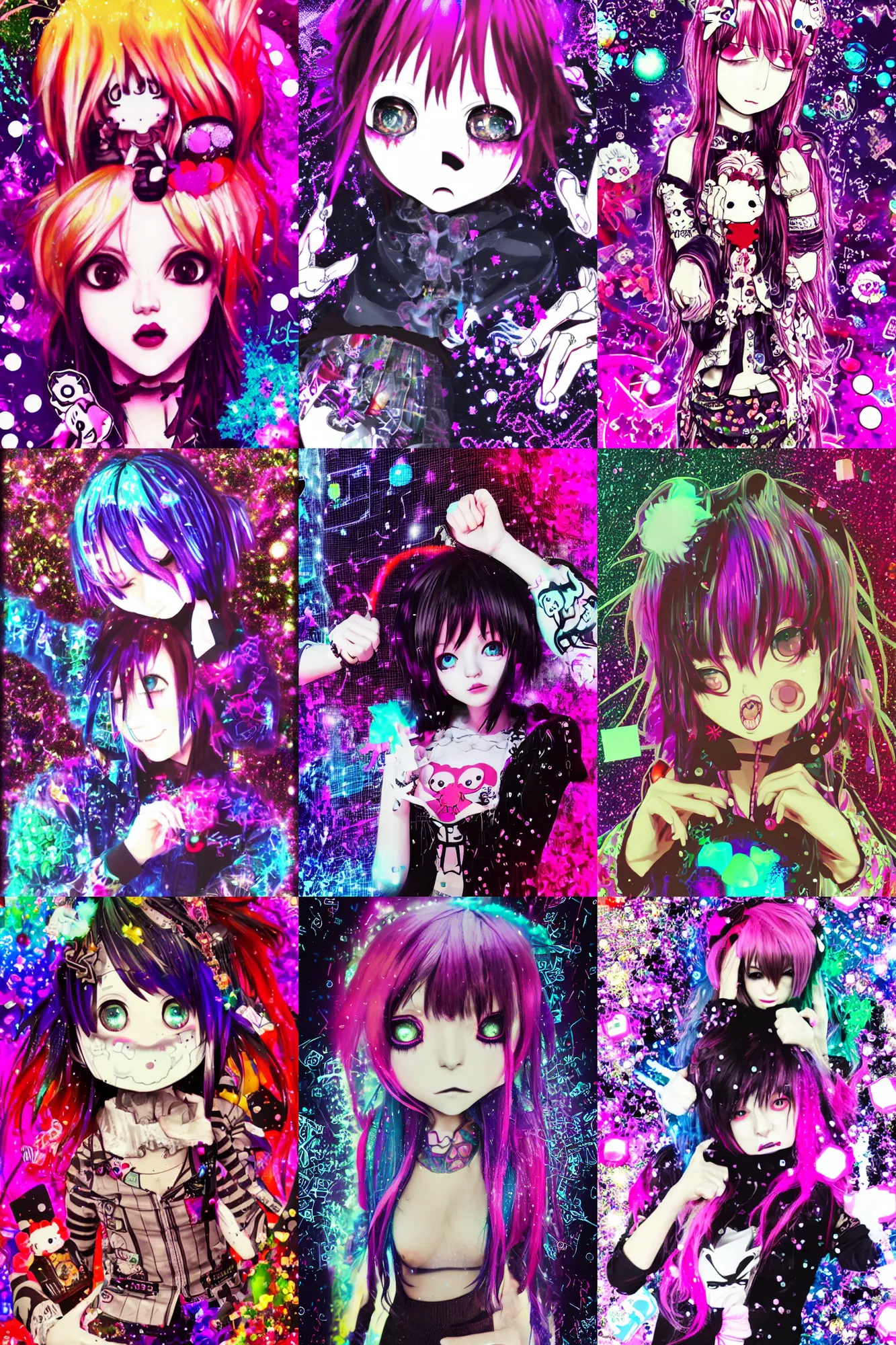 Image similar to photo of a emo manic pixie dream girl, 8k, portrait | sanrio glitchcore yokai girl, shadowverse character concept, found footage horror, glitter gif | d anime decora gyaru kawaii fashion model, v tuber, darling in the frank,asuka, anime best girl, with glitch and scribble effects, psychedelic colors, 3d render octane, by wlop, wenjr, beeple, artstation,imaginefx