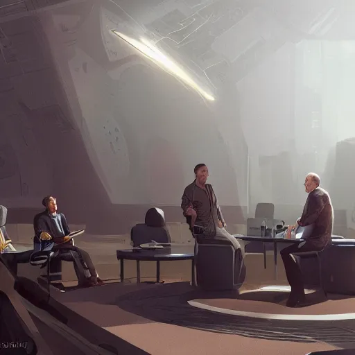 Prompt: Illustration meeting between Elon Musk, Jeff Bezos and Mark Zuckenberg to create the great simulation by Greg Rutkowski, cgs society, very details, comic style, unreal engine, octane render, 8k