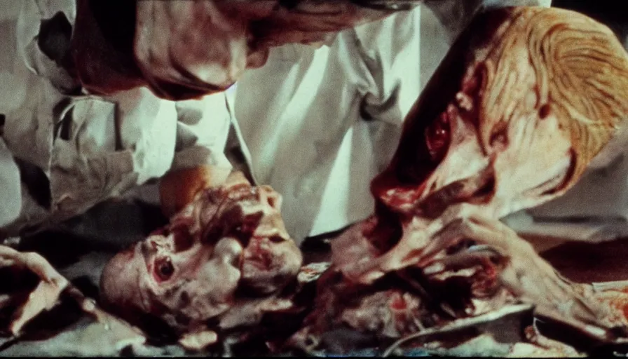 Image similar to 7 0 s film still from a horror movie about dissected humans, kodachrome, cinecolor, cinestill, film grain, film texture, retro, cinematic, high resolution, photorealism,