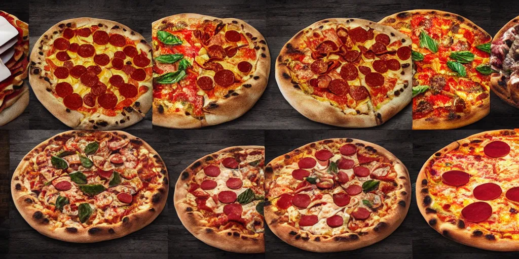Image similar to a product picture of hundreds of pizzas, photographic filter, unreal engine 5, realistic, hyperdetailed, 8 k, cinematic, volumetric lighting, very realistic effect, hd, hdr, 4 k, sharp focus, octane render, ultra detailed, high resolution, trending on artstation in the style of albert dros glowing rich colors powerful imagery