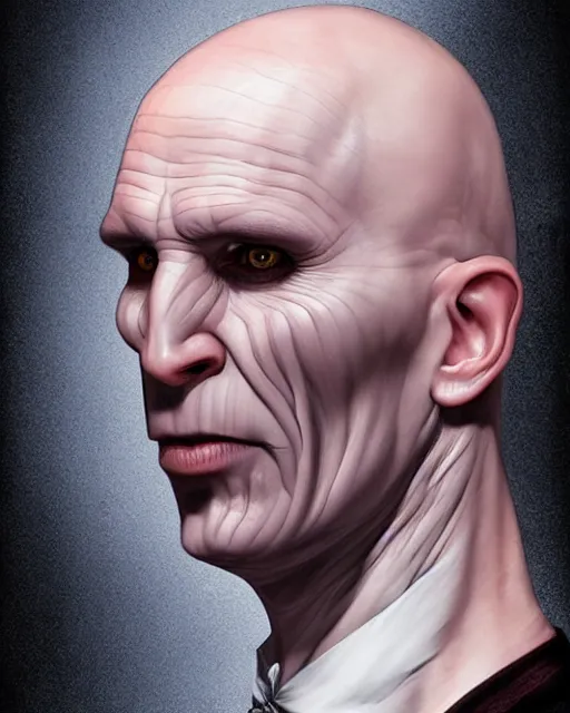 Prompt: portrait of lord voldemort, a 4 0 - year - old bald man, with a white complexion, wide, cat - like scarlet eyes, without nose, and a thin mouth, hyper realistic face, beautiful eyes, character art, art by mark brooks, hyperdetailed, cryengine, trending on artstation, digital art