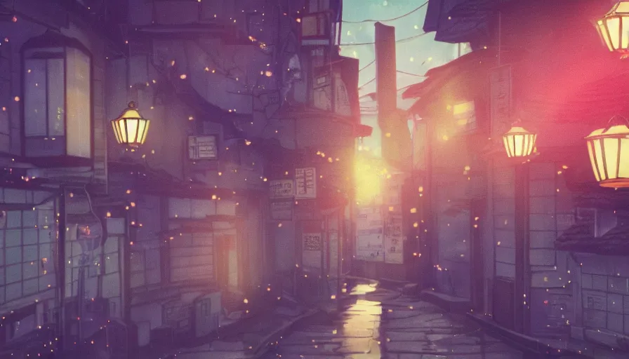 Image similar to A film still from a 1990s Sailor Moon cartoon featuring a moody street in Japan with a waterfall and lanterns, lofi aesthetic, golden hour, cinematic look, film grain, high detail, high resolution, 8k