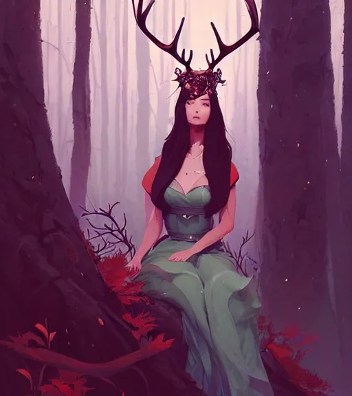 Prompt: portrait of a beautiful queen of the forest with antlers in complex and shiny dress made by leaf and flower, by ross tran and atey ghailan, by greg rutkowski, by greg tocchini, by james gilleard, by joe fenton, by kaethe butcher, dynamic lighting, grunge aesthetic