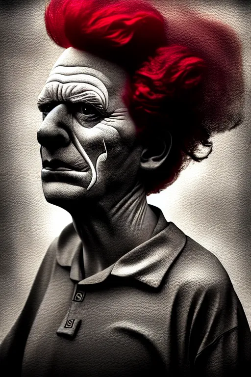 Prompt: DALL·E 2022-07-29 10.19.10 - dramatic portrait of ronald mcdonald in the style of lee jeffries, synthwave digital art, best on artstation