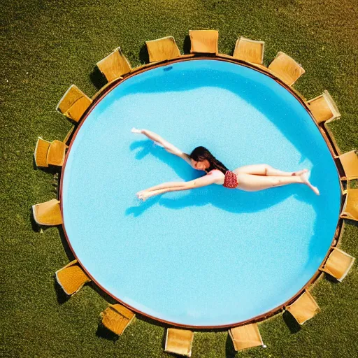 Prompt: a huge pool with honey, a girl lies on a mattress in the middle of the pool, top view, professional shooting