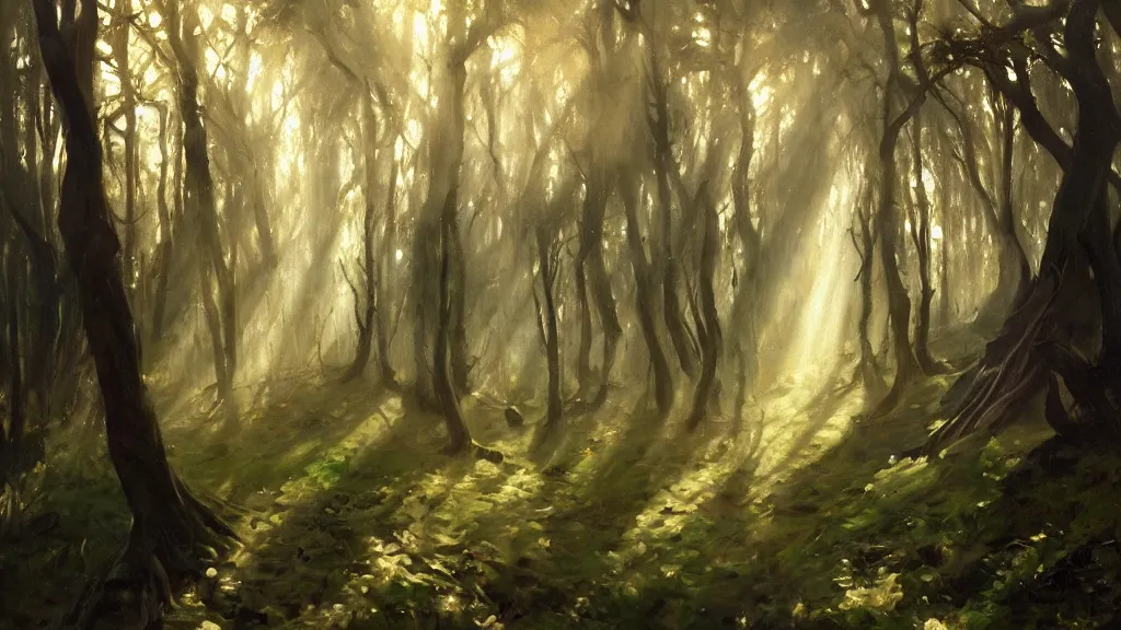 Image similar to A John Singer Sargent oil painting of a hauntingly beautiful elven forest in the morning; rays of light coming through the canopy; trending on artstation; extraordinary masterpiece!!!!!!; 8k