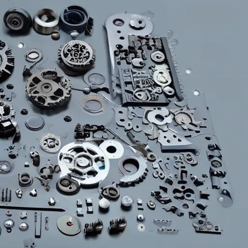 Image similar to knolling cogs and machine parts and a robotic insect dissected