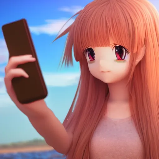 Image similar to Selfie render of a cute 3d anime girl, long pink hair, full bangs, hazel eyes, cute freckles, soft smile, golden hour, beach setting, medium shot, mid-shot, trending on Artstation,