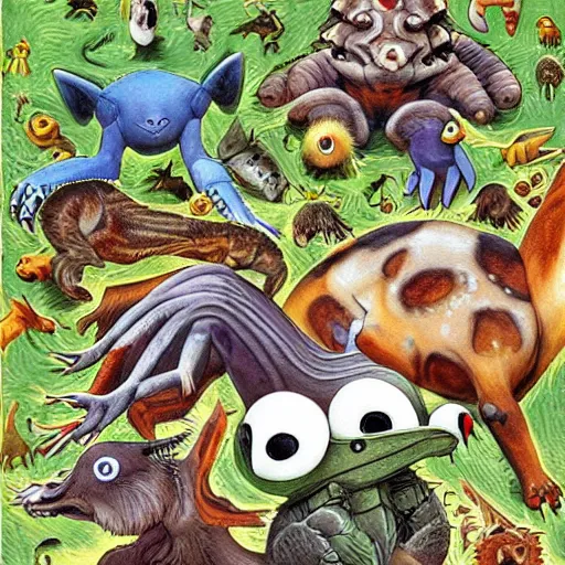 Image similar to A beautiful land art of a group of creatures that looks like a mix of different animals. Most of the creatures have human-like features, such as arms and legs, and some are standing upright while others are crawling or flying. Digimon by Larry Elmore relaxed