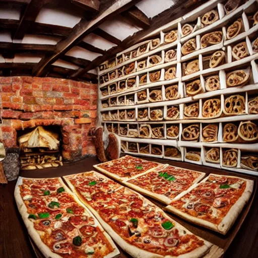 Image similar to a house covered in pizzas, photography, award winning, trending,, highly detailed, high quality, high resolution