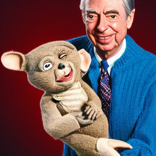 Image similar to photorealistic Mr. Rogers holding Chucky