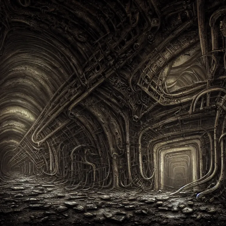 Prompt: portrait of ribbed abandoned biomechanical tunnel in a desolate empty wasteland, creepy, nightmare, dream-like heavy atmosphere, surreal abandoned buildings, baroque painting, beautiful detailed intricate insanely detailed octane render trending on Artstation, 8K artistic photography, photorealistic, chiaroscuro, cinematic volumetric light, Raphael, Caravaggio, Beksinski, Giger