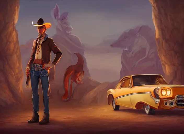 Prompt: character portrait feature of the anthro male anthropomorphic rat fursona wearing cowboy outfit wild west desperado standing next to an old monte carlo vintage car, a man whose heart is hollow, character design stylized by charlie bowater, ross tran, artgerm, makoto shinkai, detailed, soft lighting, rendered in octane