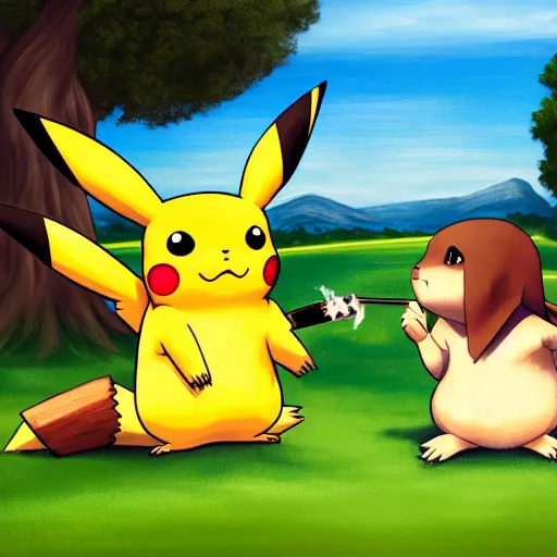 Prompt: pikachu and glumanda are sitting in a park and smoking weed. they are both high, their eyes are red. The mood is friendly and welcoming. highly detailed, digital painting, artstation, concept art, sharp focus, illustration, art by Sandro Botticelli and Michelangelo and leonardo da vinci