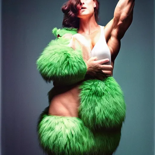 Image similar to dream muscular woman in a furry costune of Pikachu, performing burlesque, dark green background, photo by Annie Liebovitz for Vogue