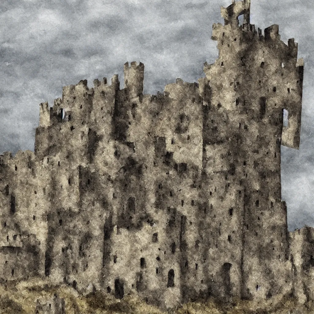 Image similar to ruins of a castle in a dry moutain with a cloudy sky, digital painting, impressinism