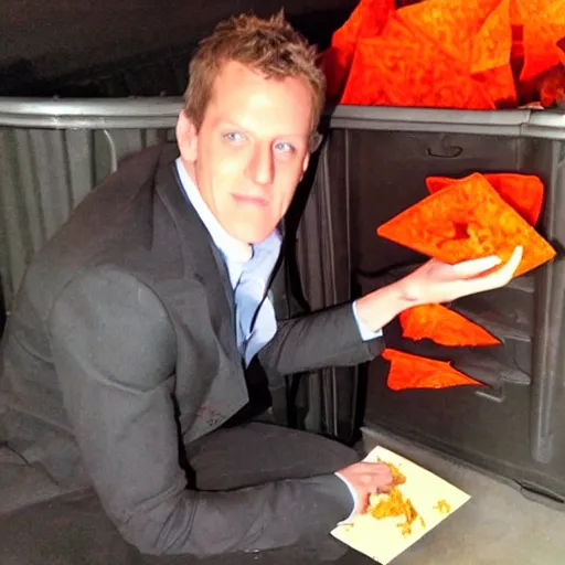 Image similar to geoff keighley eating doritos while dumpster diving