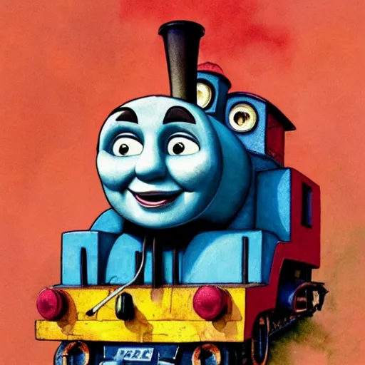 Image similar to watercolor cartoon grunge portrait of happy Thomas the tank engine. intricate abstract. intricate artwork. Joy, Happiness, by zdzisław Beksiński, wlop, dan mumford , trending on artstation, Greg rutkowski very coherent symmetrical artwork. cinematic, hyper realism, high detail, octane render, 8k