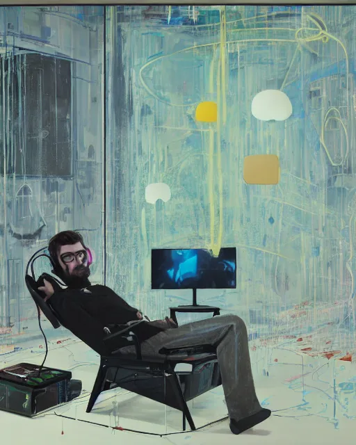 Image similar to a man reclines in a gaming computer chair with headphones on a controller inhand in a domestic interior filled with screens by james jean and luc tuymans and beeple and hernan bas and pat steir and hilma af klint, psychological, 3 d, dripping paint, high quality render, masterpiece