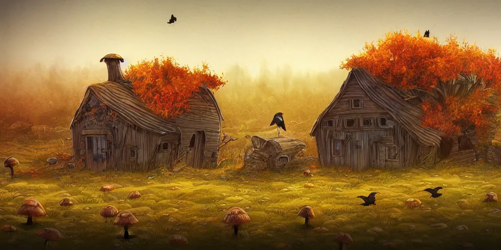 Prompt: epic illustration, incredible wide screenshot, ultrawide, simple watercolor, rough paper texture, autumn, house that is a mushroom, pumpkin patch, rustic, folk, haybales, moss, crows, scarecrow, realism, pale beige sky, texture, brown mud, dust, backlit distant shot a scenic environment by Anton Fadeev