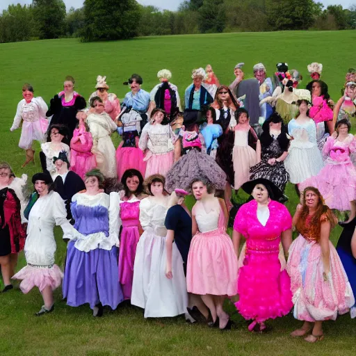 Prompt: large group of people wearing lolita dresses