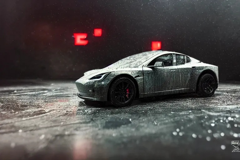 Image similar to a 2 8 mm closeup photo of a tesla cybertruck a on wet floor of a photo studio, intricate, hyper detailed, smooth, high contrast, volumetric lighting, octane, moebius, greg rutkowski, blade runner, ripley scott, synthwave, cinematic