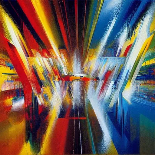 Image similar to abstract art representing momentum, oil painting by john berkey and gabriel dawe, masterwork