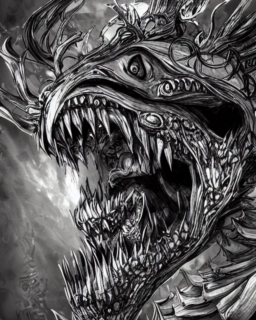 Image similar to A chest with tongue, terrifying, black and white, fantasy art, monster art, in the style of masami kurumada, illustration, epic, fantasy, intricate, hyper detailed, artstation, concept art, smooth, sharp focus, ray tracing