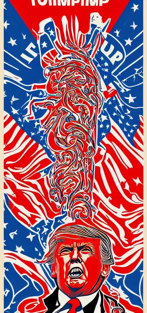 Image similar to donald trump trumpwave apotheosis poster in the style of communist russian propaganda art and alex grey, with bold colors and contrast, patriotic, red white and blue, nationalist, stoic, heroic