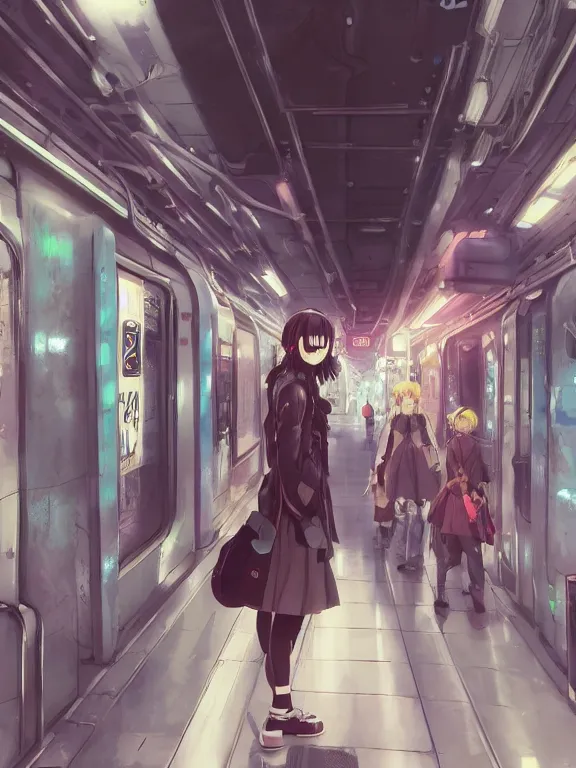 Image similar to an anime girl wearing a VR headset standing in a cyberpunk subway. By Makoto Shinkai, Stanley Artgerm Lau, WLOP, Rossdraws, James Jean, Andrei Riabovitchev, Marc Simonetti, krenz cushart, Sakimichan, trending on ArtStation, digital art.