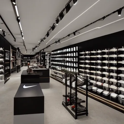Prompt: large nike boutique flagship retail. venta black. dark muted furniture!!! with dark shoes and varied clothes. low ceilings with rails and spots. plants. muted colors. architectural photography, 8 k, realistic lighting, reflections, bloom, hyperdetailed environment, pbr materials.