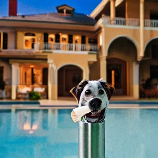 Image similar to a very detailed photo of a dog ( smoking a cigar ) outside the mansion by the pool