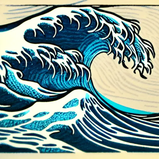 Prompt: crashing ocean wave, thin long fine lines, ultra detailed, woodblock print