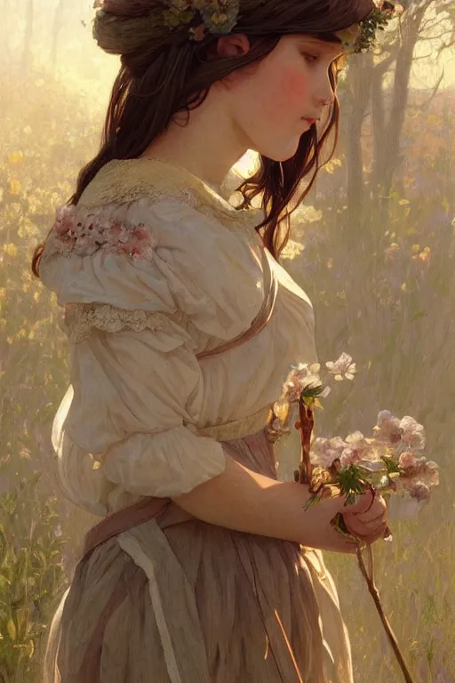 Image similar to beautiful cottagecore young peasant maiden, innocent, intricate, elegant, highly detailed, digital painting, artstation, concept art, smooth, sharp focus, illustration, art by artgerm and greg rutkowski and alphonse mucha