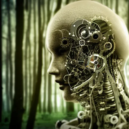 Image similar to very detailed portrait 55mm photo of a mechanical head without skin, optic fiber nerves, gears in his head and cybernetic enhancements with no plating. Packed with cybernetics. Has cameras for eyes. In the forest with bokeh. Ray tracing and tessellation. Very sharp high detailed 8k image