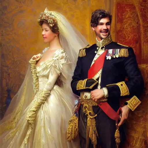 Prompt: detailed painting of prince william marrying attractive gigi hadid, highly detailed painting by gaston bussiere, craig mullins, j. c. leyendecker 8 k, 4 k, smiling couple, royal painting, human face, watercolor, realistic human