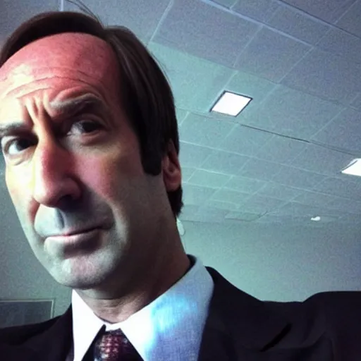 Image similar to zoomed in cameraphone photo low resolution Saul Goodman selfie