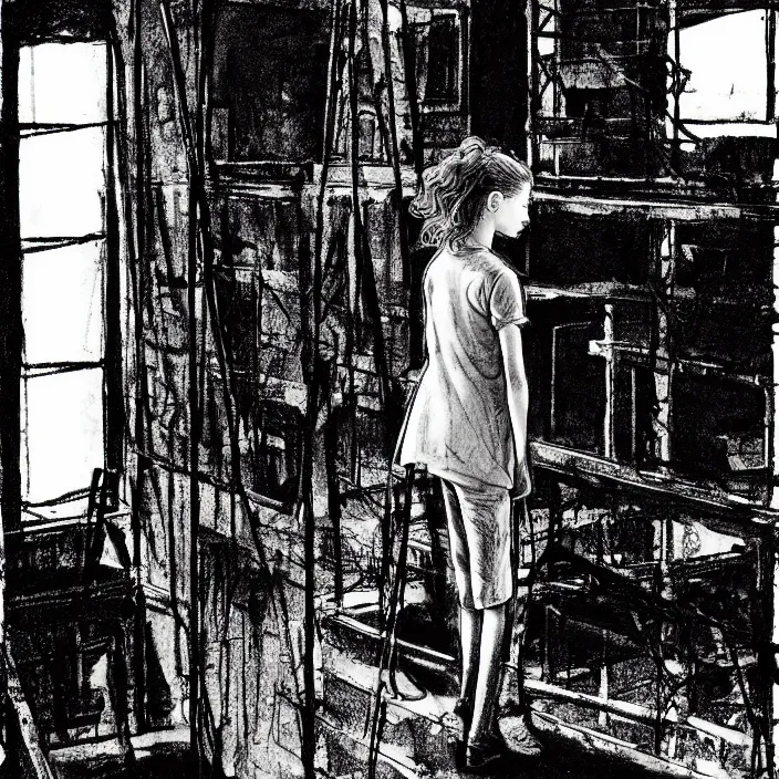 Image similar to sadie sink in dirty work clothes waves goodbye to workmen. background : factory, dirty, polluted. technique : black and white pencil and ink. by gabriel hardman, joe alves, chris bonura. cinematic atmosphere, detailed and intricate, perfect anatomy