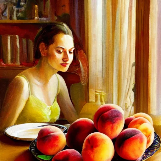 Image similar to beautiful woman in the background, table and plate of peaches in the foreground, natural light, oil painting style,