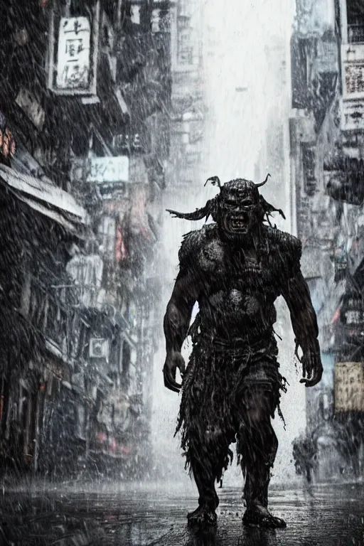 Prompt: a dynamic photograph of a orc warrior in a wet, dystopic Hong Kong bladerunner street. Realism.